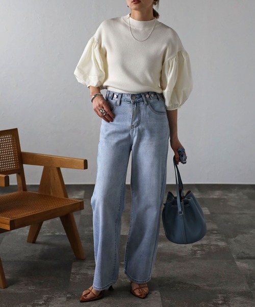 Bonjour Sagan（ボンジュールサガン）の「異素材パフスリーブニットトップス（Tシャツ/カットソー・レディース・ブラック/ホワイト/ブラック×ホワイト・FREE）」の4枚目の写真