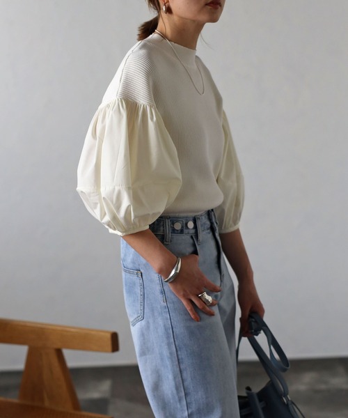 Bonjour Sagan（ボンジュールサガン）の「異素材パフスリーブニットトップス（Tシャツ/カットソー・レディース・ブラック/ホワイト/ブラック×ホワイト・FREE）」の5枚目の写真