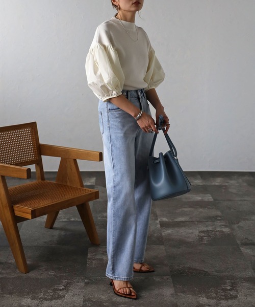 Bonjour Sagan（ボンジュールサガン）の「異素材パフスリーブニットトップス（Tシャツ/カットソー・レディース・ブラック/ホワイト/ブラック×ホワイト・FREE）」の6枚目の写真