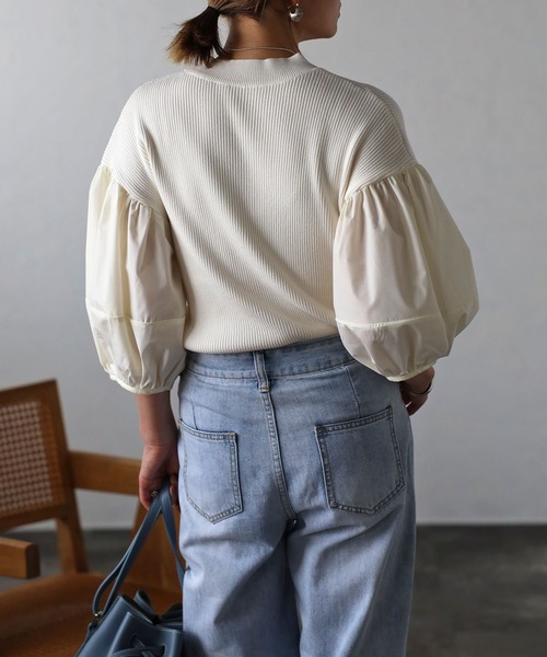 Bonjour Sagan（ボンジュールサガン）の「異素材パフスリーブニットトップス（Tシャツ/カットソー・レディース・ブラック/ホワイト/ブラック×ホワイト・FREE）」の7枚目の写真