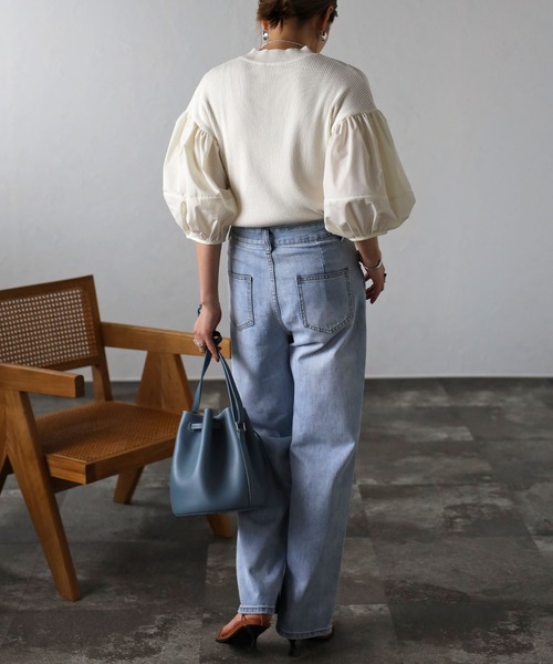 Bonjour Sagan（ボンジュールサガン）の「異素材パフスリーブニットトップス（Tシャツ/カットソー・レディース・ブラック/ホワイト/ブラック×ホワイト・FREE）」の8枚目の写真