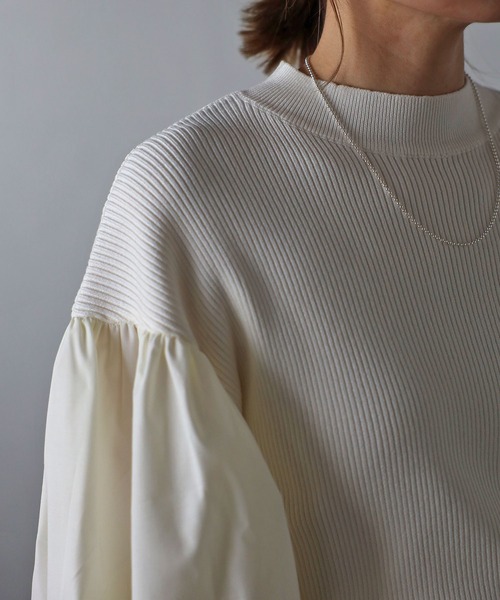 Bonjour Sagan（ボンジュールサガン）の「異素材パフスリーブニットトップス（Tシャツ/カットソー・レディース・ブラック/ホワイト/ブラック×ホワイト・FREE）」の9枚目の写真