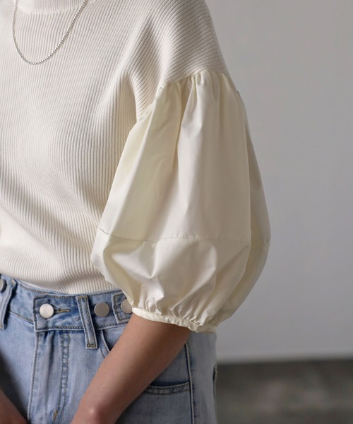 Bonjour Sagan（ボンジュールサガン）の「異素材パフスリーブニットトップス（Tシャツ/カットソー・レディース・ブラック/ホワイト/ブラック×ホワイト・FREE）」の10枚目の写真