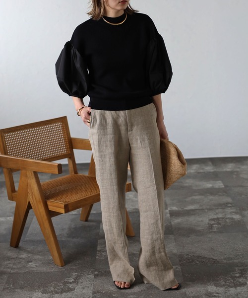 Bonjour Sagan（ボンジュールサガン）の「異素材パフスリーブニットトップス（Tシャツ/カットソー・レディース・ブラック/ホワイト/ブラック×ホワイト・FREE）」の17枚目の写真