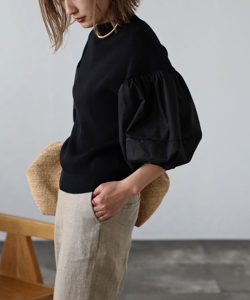 Bonjour Sagan（ボンジュールサガン）の「異素材パフスリーブニットトップス（Tシャツ/カットソー・レディース・ブラック/ホワイト/ブラック×ホワイト・FREE）」の18枚目の写真