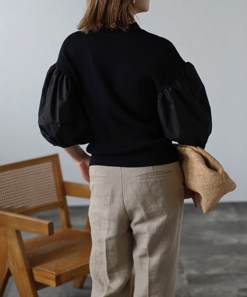 Bonjour Sagan（ボンジュールサガン）の「異素材パフスリーブニットトップス（Tシャツ/カットソー・レディース・ブラック/ホワイト/ブラック×ホワイト・FREE）」の20枚目の写真