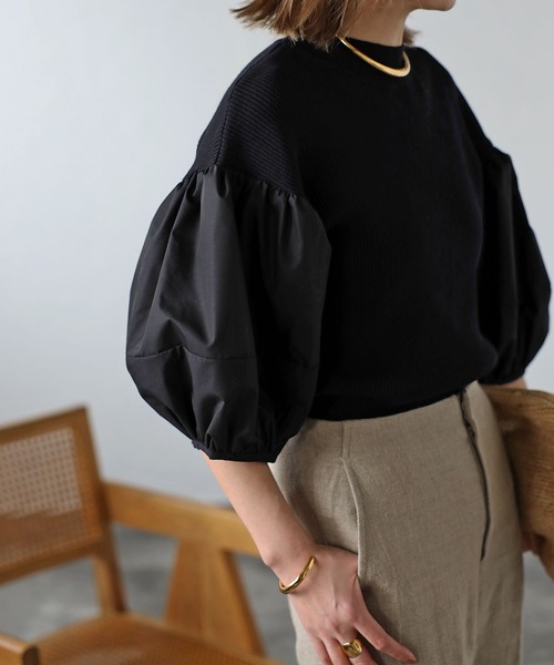 Bonjour Sagan（ボンジュールサガン）の「異素材パフスリーブニットトップス（Tシャツ/カットソー・レディース・ブラック/ホワイト/ブラック×ホワイト・FREE）」の22枚目の写真