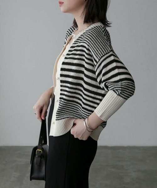 Anss.me（アンスミー）の「【Anss.me】ランダムボーダーパールボタンニットカーディガン（カーディガン/ボレロ・レディース・アイボリー/ブラック/グリーン/ブラウン/ネイビー・FREE）」の12枚目の写真