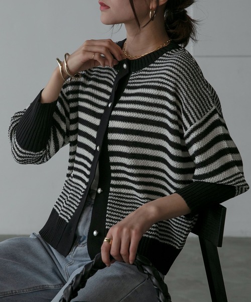 Anss.me（アンスミー）の「【Anss.me】ランダムボーダーパールボタンニットカーディガン（カーディガン/ボレロ・レディース・アイボリー/ブラック/グリーン/ブラウン/ネイビー・FREE）」の19枚目の写真