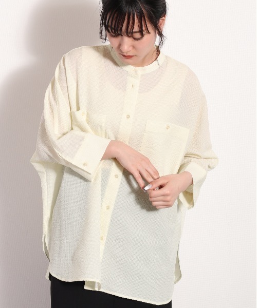 cepo（セポ）の「シアーポリサッカー ドルマンシャツ　セットアップ可能（シャツ/ブラウス・レディース・ホワイト/ブラック/オフホワイト・M）」の2枚目の写真