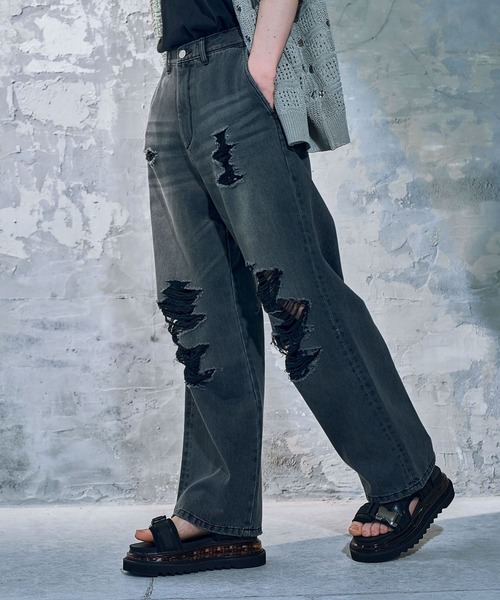 HARE】ワイドダメージデニムパンツ【黒 09】 HARE ジーンズ グラデハク