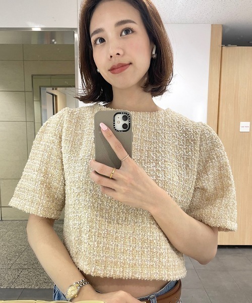 ISOOK（アイスー）の「Back ribbon tweed top / バックリボンツイードトップス(ai select)（シャツ/ブラウス・レディース・イエロー/ベージュ・FREE）」の5枚目の写真
