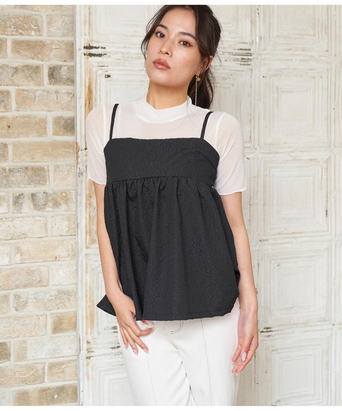 ANAP（アナップ）の「シアーインナーふくれジャガードキャミソール セット（Tシャツ/カットソー・レディース・ブラック/グリーン/アイボリー・FREE）」の4枚目の写真
