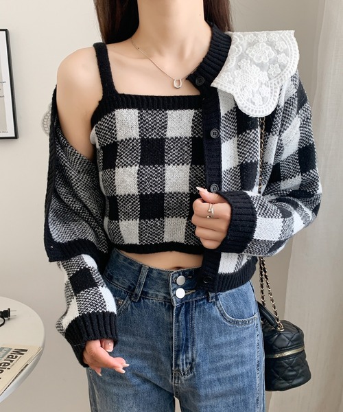 セール】レース襟付きチェック柄カーディガン＋キャミソール