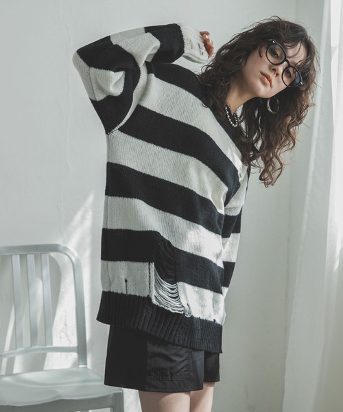 太ボーダーダメージニット（ニット/セーター）｜bohmal（ボマール）の