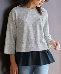 ツイード調カットソー素材チュニック 異素材ドッキングチュニックカットソー(カットソー・Tシャツ
