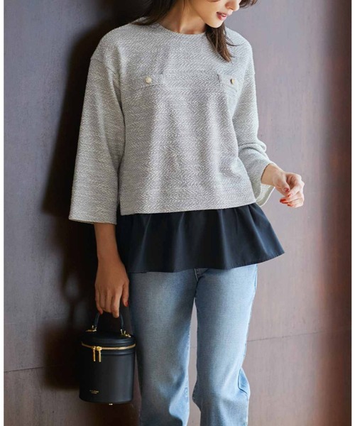 IEDIT（イディット）の「ＩＥＤＩＴ　イージーな着心地できれい見え　すそ布はく遣いのカットソーツイードトップス（チュニック・レディース・グレー/ブラック・MEDIUM/LARGE/X-LARGE/XX-LARGE）」の3枚目の写真