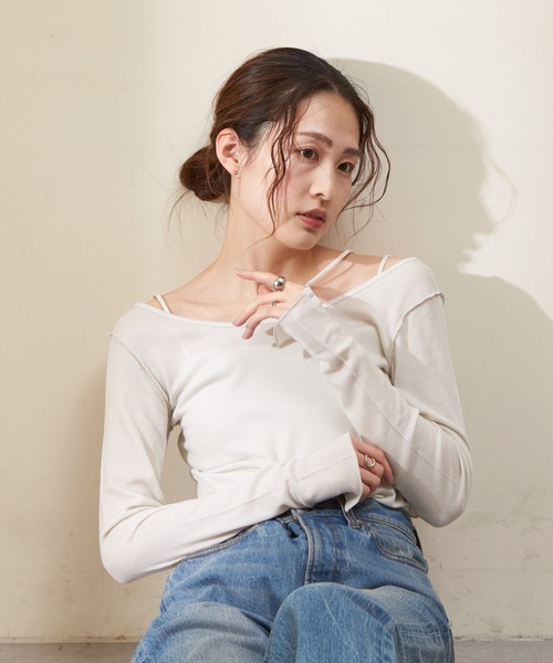GUNZE（グンゼ）の「【shay／シェイ】(セットアイテム)シアーワッフルロンT×カップ付キャミ（Tシャツ/カットソー・レディース・ブラック/ブルー/アイボリー・ONE SIZE）」の8枚目の写真