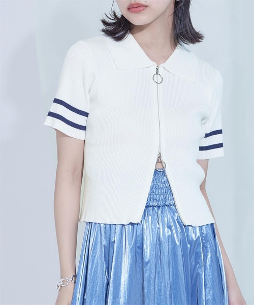 miette(ミエット)の「ダブルジップ半袖トップス(ニット/セーター・レディース・ブラック/オフホワイト/ライトグリーン・FREE)」の1枚目の写真