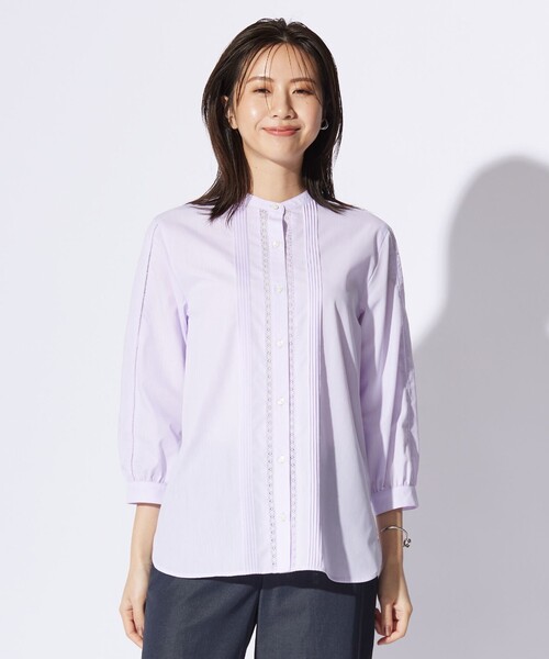 J.PRESS(ジェイプレス)の「【洗える】シャンブレー バンドカラー ピンタック ブラウス(シャツ/ブラウス・レディース・ホワイト系/ライトグレー系/ふじ色系・9/11)」の1枚目の写真