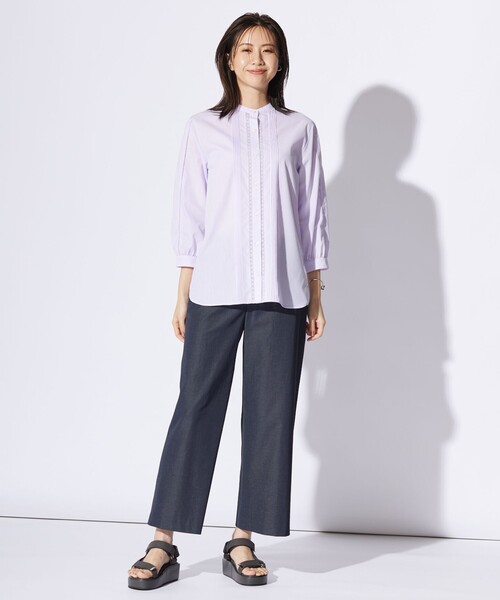 J.PRESS(ジェイプレス)の「【洗える】シャンブレー バンドカラー ピンタック ブラウス(シャツ/ブラウス・レディース・ホワイト系/ライトグレー系/ふじ色系・9/11)」の9枚目の写真