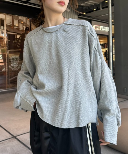 etsinta（エシンタ）の「【etsinta/エシンタ】ワッフルボリュームスリーブバックベルト（Tシャツ/カットソー・レディース・ブラック/オフホワイト/グレー・ONE SIZE）」の19枚目の写真