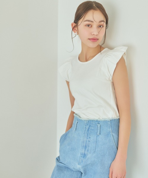 mysty woman（ミスティウーマン）の「ギャザーフレンチスリーブプルオーバー　113881（Tシャツ/カットソー・レディース・オフホワイト/ブラック/ブラウン・FREE）」の5枚目の写真