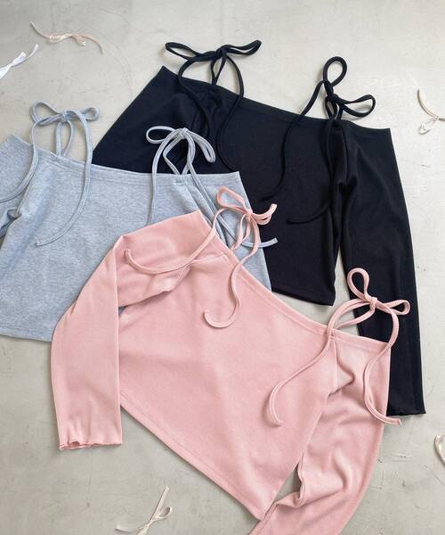 MAJESTIC LEGON（マジェスティックレゴン）の「リボンオフショルリブトップス（Tシャツ/カットソー・レディース・ブラック/グレー/ピンク・MEDIUM）」の3枚目の写真