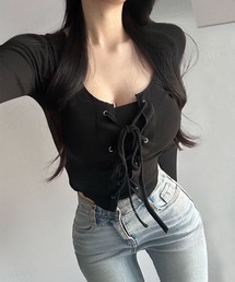 韓国ファッション レースアップデザインクロップド丈カットソー 長袖・半袖２type