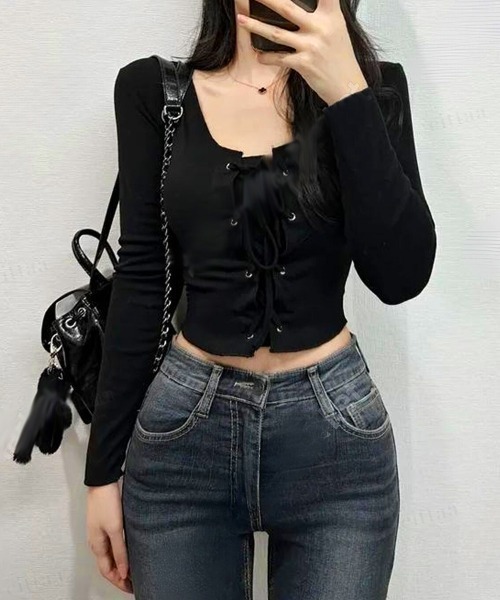 Dalfwin 韓国ファッション ダメージニットドッキングデザインシャツ Dalfwin ブラウス シャツ 韓国ファッション ダメージニット