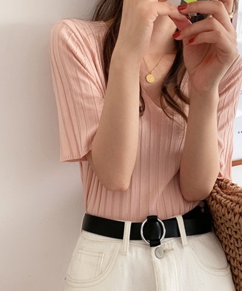 Miniministore(ミニミニストア)の「リブニット トップス レディースニットt(Tシャツ/カットソー・レディース・ブルー/ミント/イエロー/ピンクベージュ/アイボリー/ブラック/ホワイト/ピンク/オレンジ・FREE)」の8枚目の写真