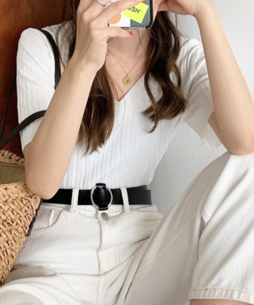 Miniministore(ミニミニストア)の「リブニット トップス レディースニットt(Tシャツ/カットソー・レディース・ブルー/ミント/イエロー/ピンクベージュ/アイボリー/ブラック/ホワイト/ピンク/オレンジ・FREE)」の1枚目の写真