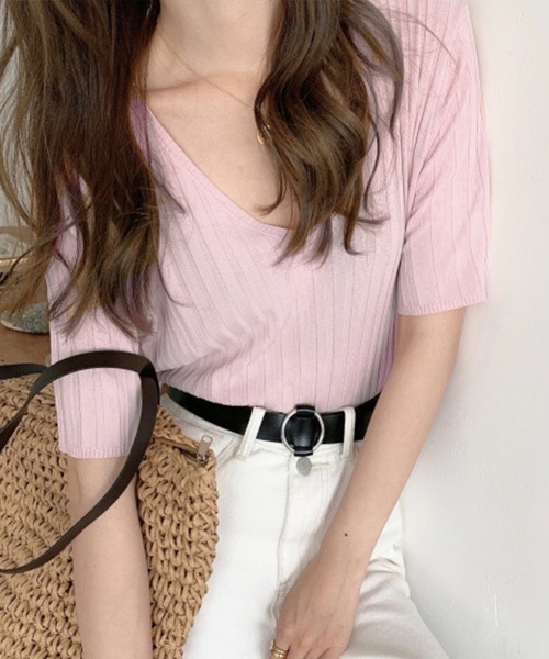 Miniministore(ミニミニストア)の「リブニット トップス レディースニットt(Tシャツ/カットソー・レディース・ブルー/ミント/イエロー/ピンクベージュ/アイボリー/ブラック/ホワイト/ピンク/オレンジ・FREE)」の7枚目の写真