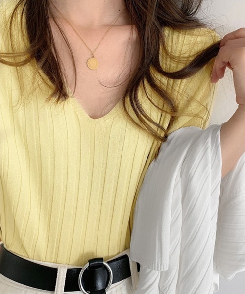 Miniministore(ミニミニストア)の「リブニット トップス レディースニットt(Tシャツ/カットソー・レディース・ブルー/ミント/イエロー/ピンクベージュ/アイボリー/ブラック/ホワイト/ピンク/オレンジ・FREE)」の6枚目の写真