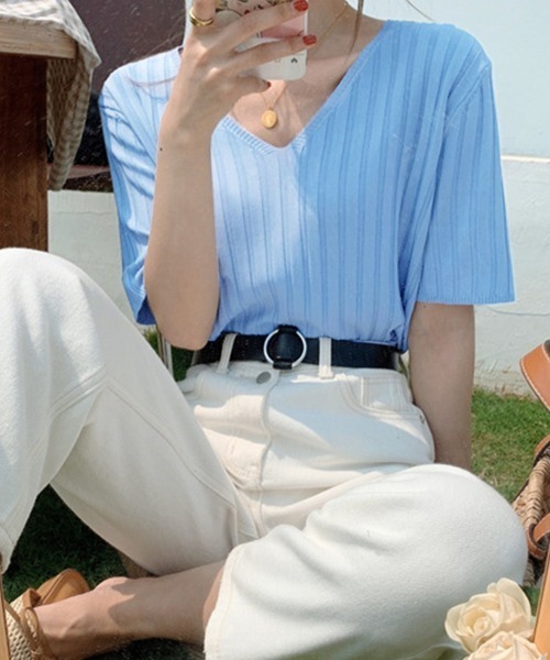 Miniministore(ミニミニストア)の「リブニット トップス レディースニットt(Tシャツ/カットソー・レディース・ブルー/ミント/イエロー/ピンクベージュ/アイボリー/ブラック/ホワイト/ピンク/オレンジ・FREE)」の5枚目の写真