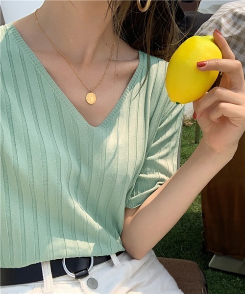 Miniministore(ミニミニストア)の「リブニット トップス レディースニットt(Tシャツ/カットソー・レディース・ブルー/ミント/イエロー/ピンクベージュ/アイボリー/ブラック/ホワイト/ピンク/オレンジ・FREE)」の4枚目の写真