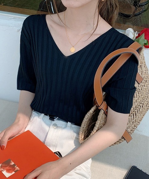 Miniministore(ミニミニストア)の「リブニット トップス レディースニットt(Tシャツ/カットソー・レディース・ブルー/ミント/イエロー/ピンクベージュ/アイボリー/ブラック/ホワイト/ピンク/オレンジ・FREE)」の3枚目の写真