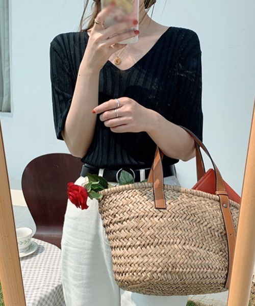 Miniministore(ミニミニストア)の「リブニット トップス レディースニットt(Tシャツ/カットソー・レディース・ブルー/ミント/イエロー/ピンクベージュ/アイボリー/ブラック/ホワイト/ピンク/オレンジ・FREE)」の22枚目の写真