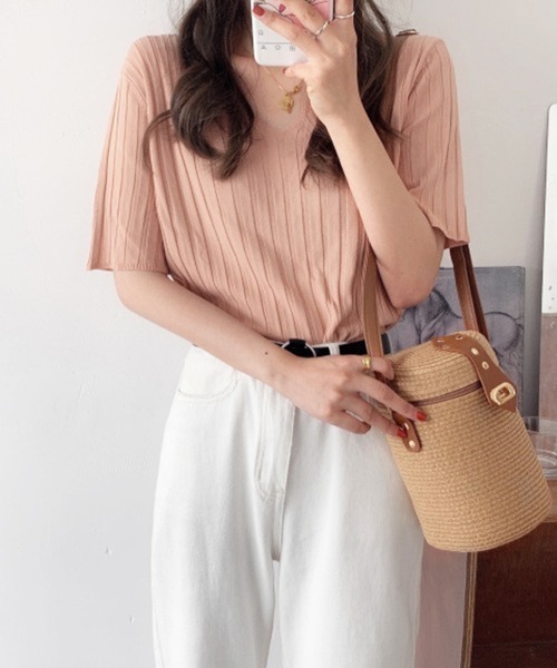 Miniministore(ミニミニストア)の「リブニット トップス レディースニットt(Tシャツ/カットソー・レディース・ブルー/ミント/イエロー/ピンクベージュ/アイボリー/ブラック/ホワイト/ピンク/オレンジ・FREE)」の19枚目の写真