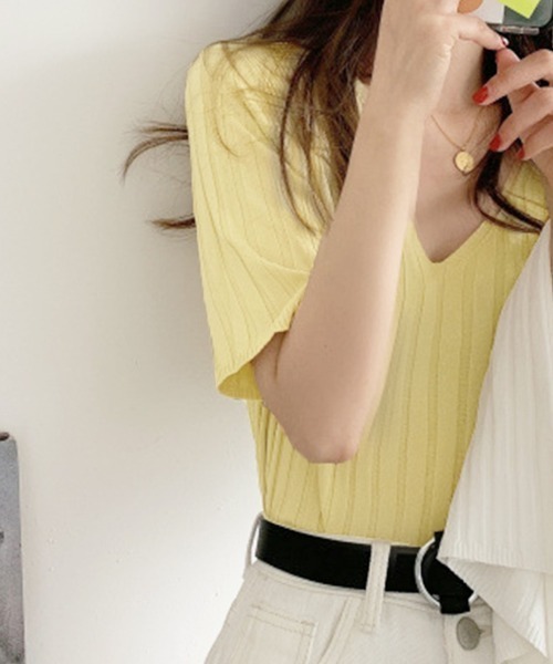 Miniministore(ミニミニストア)の「リブニット トップス レディースニットt(Tシャツ/カットソー・レディース・ブルー/ミント/イエロー/ピンクベージュ/アイボリー/ブラック/ホワイト/ピンク/オレンジ・FREE)」の20枚目の写真