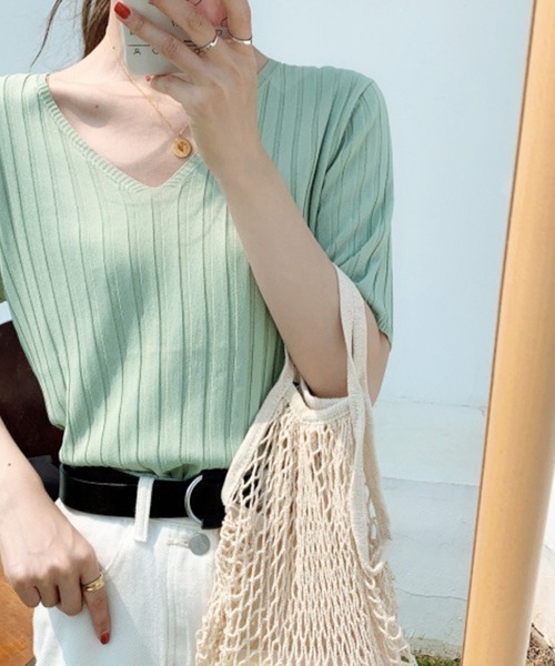 Miniministore(ミニミニストア)の「リブニット トップス レディースニットt(Tシャツ/カットソー・レディース・ブルー/ミント/イエロー/ピンクベージュ/アイボリー/ブラック/ホワイト/ピンク/オレンジ・FREE)」の21枚目の写真
