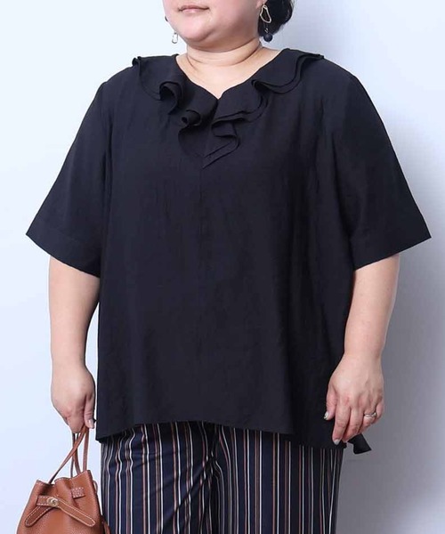 leswel(レスウェル)の「【L~5L 大きいサイズ】フリルブラウス 半袖 リネンライク トップス(シャツ/ブラウス・レディース・カーキ/クリーム/ブラック・3L/4L/LL/5L)」の2枚目の写真