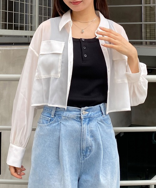 INGNI（イング）の「ラメシアーショートシャツ（シャツ/ブラウス・レディース・アイボリー/ピンク/ライトグレー/ミント/ブラック・M）」の2枚目の写真