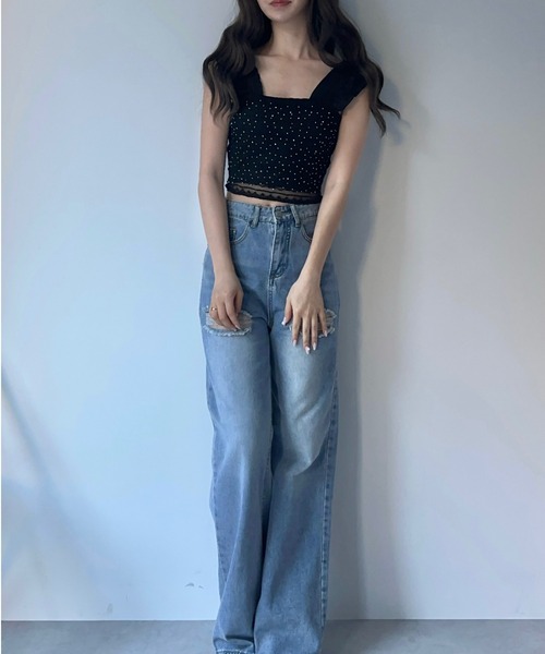 MAINLYTRULY（メインリィトゥルリィ）の「カップ付き ラインストーン タンクトップ（キャミソール・レディース・ブラック・FREE）」の2枚目の写真