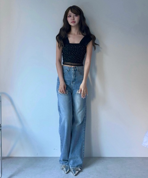 MAINLYTRULY（メインリィトゥルリィ）の「カップ付き ラインストーン タンクトップ（キャミソール・レディース・ブラック・FREE）」の3枚目の写真