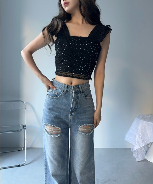 MAINLYTRULY（メインリィトゥルリィ）の「カップ付き ラインストーン タンクトップ（キャミソール・レディース・ブラック・FREE）」の4枚目の写真