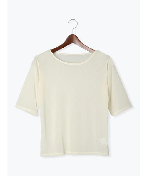 Te chichi TERRASSE(テチチテラス)の「◎シアーハーフスリーブトップス(Tシャツ/カットソー・レディース・ブラック/オフホワイト/グレー・F)」の2枚目の写真