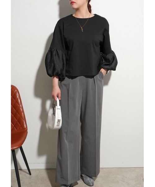 palm RICHE(ポームリシュ)の「キラキラボリューム袖TOPS(シャツ/ブラウス・レディース・ベージュ/ブラック・M)」の3枚目の写真