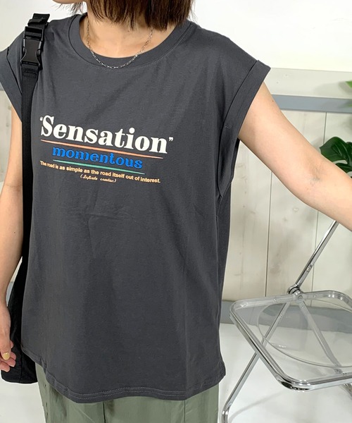 CRB(シーアールビー)の「ロゴフレンチスリーブTシャツ(Tシャツ/カットソー・レディース・ベージュ/オフホワイト/チャコール・F)」の8枚目の写真