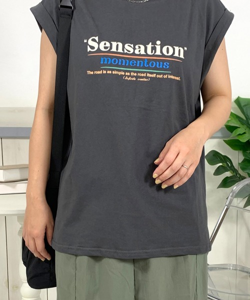 CRB(シーアールビー)の「ロゴフレンチスリーブTシャツ(Tシャツ/カットソー・レディース・ベージュ/オフホワイト/チャコール・F)」の9枚目の写真